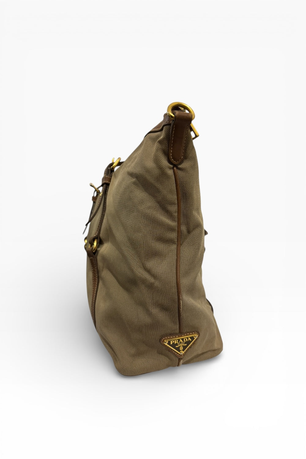 Prada Khaki / Beige / Brown Canvas & Leather Canapa Tote Shoulder Bag