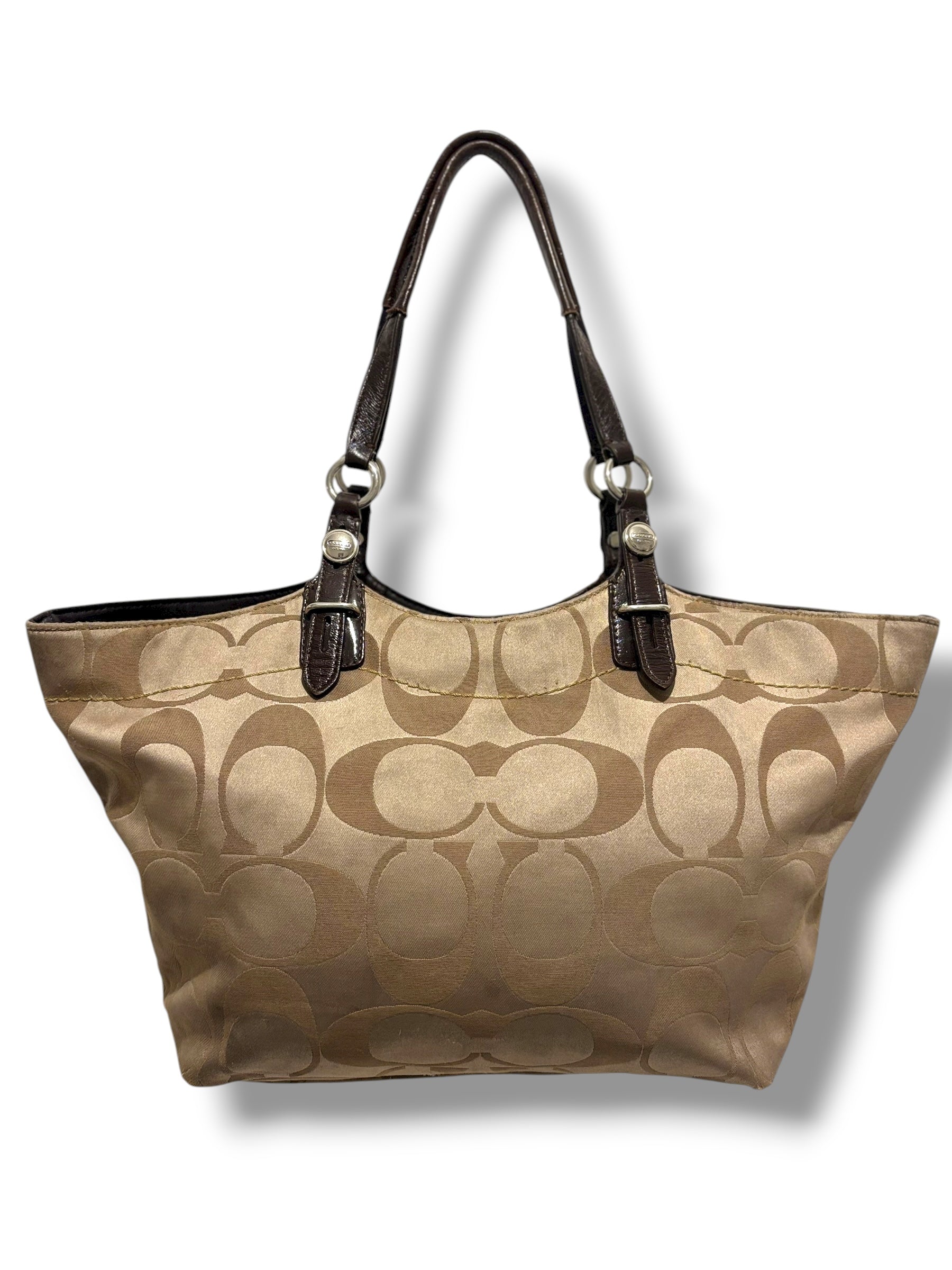 Coach Brown & Khaki Signature Canvas Satin & Patent Leather Vintage Shoulder Bag