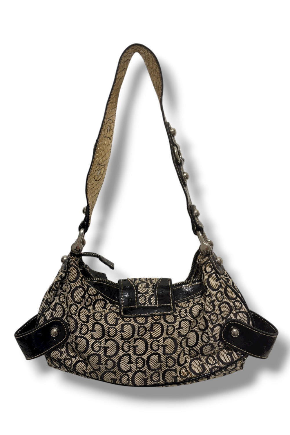 Guess Rare 2000's Signature Black & Grey Studded Canvas Leather PVC shoulder Bag