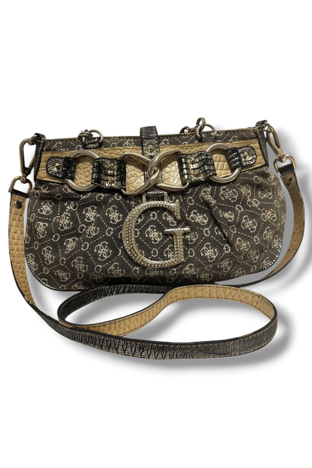 Guess Authentic Vintage Denim / Jeans Grey Silver Metallic Crystal Canvas Shoulder Bag