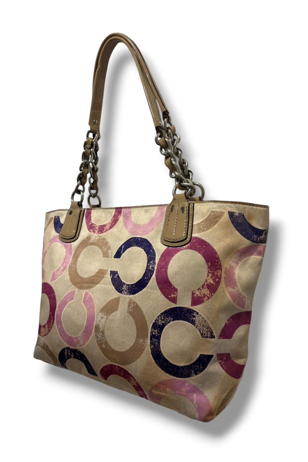 Coach Multicolour Pink Optic Signature Sateen & Patent Leather Tote Shoulder Bag