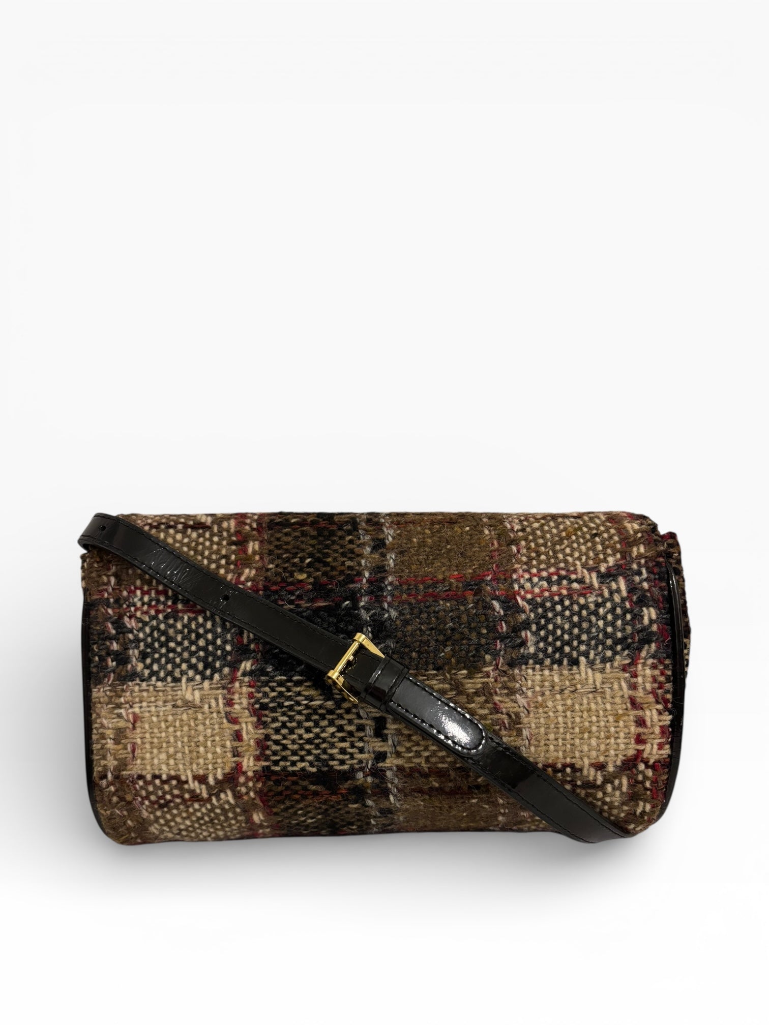 Burberry Wool Minaudière Checkered Black & Brown Leather Trim Tweed Nova Crossbody / Shoulder Bag