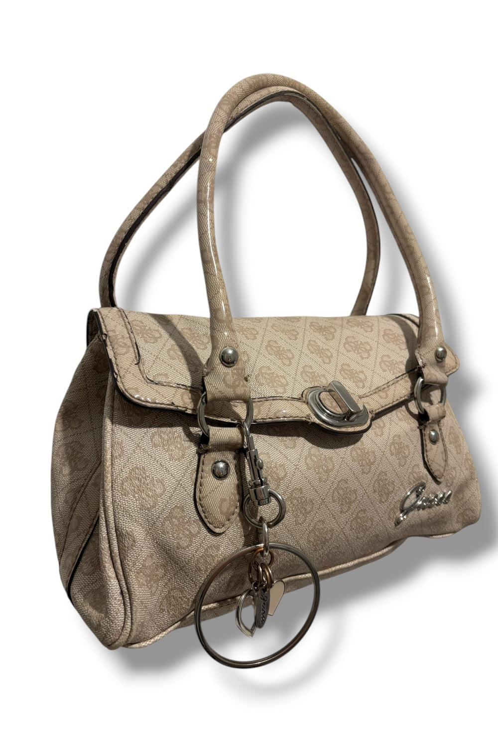 Guess Vintage Beige Leather PVC Signature Monogram Shoulder Bag