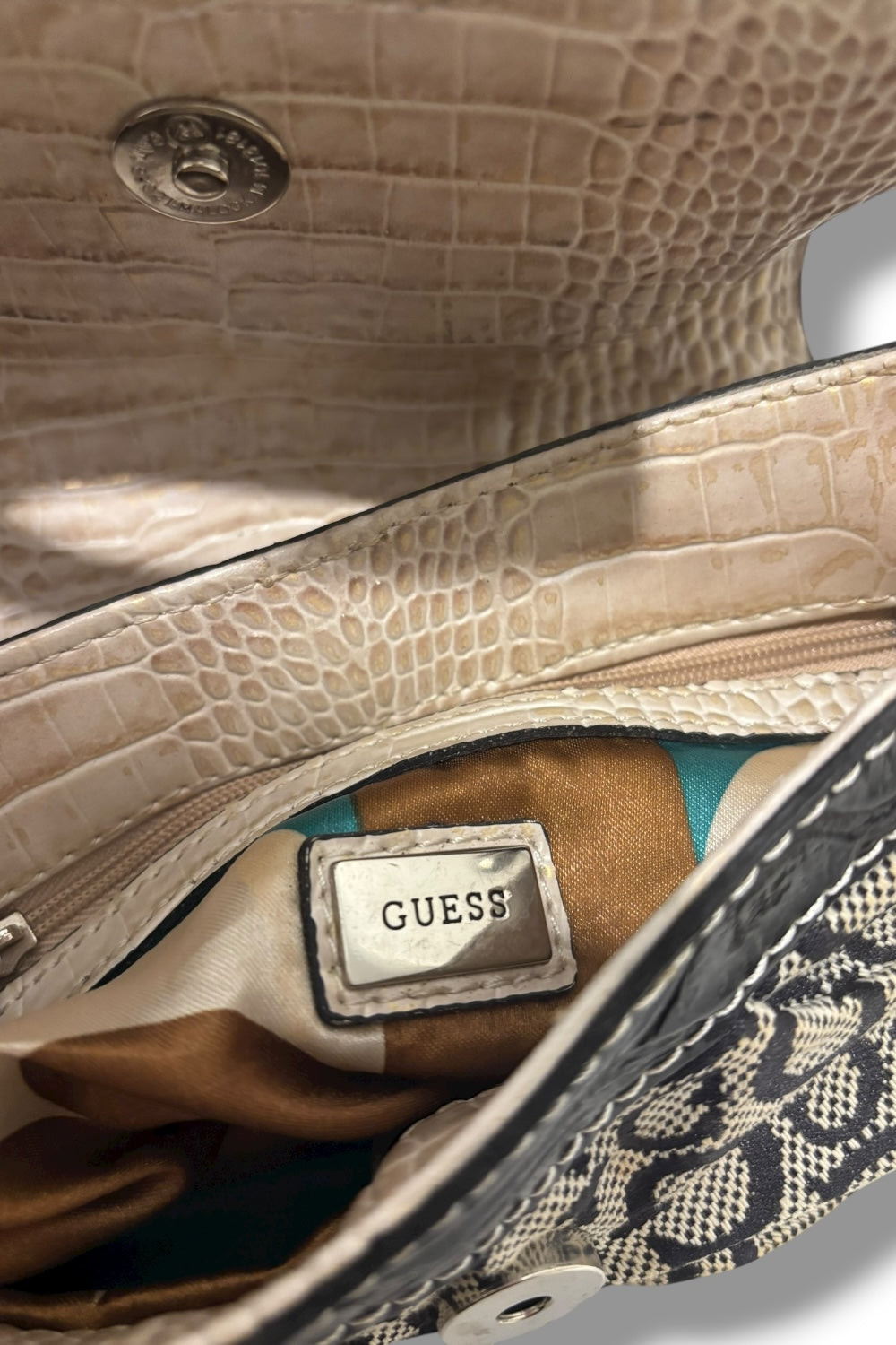 Guess Authentic Black & Grey Monogram Canvas & Croc Leather PVC Shoulder Bag