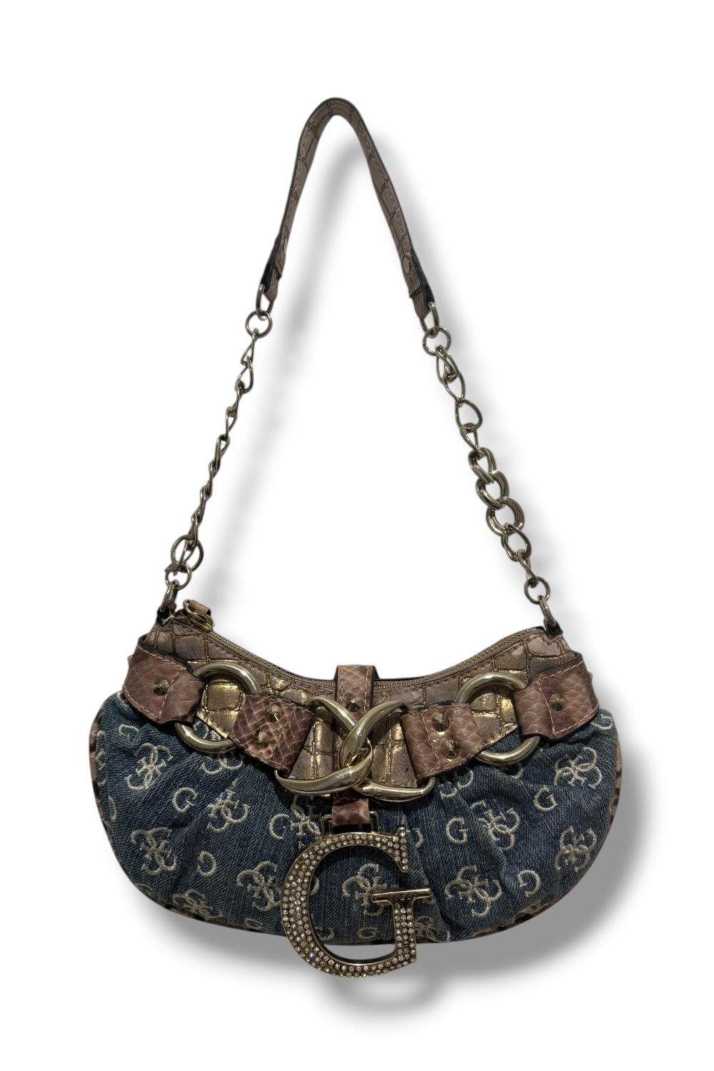 Guess Vintage Signature Denim Blue Jeans Croc Snake Leather PVC Shoulder Bag