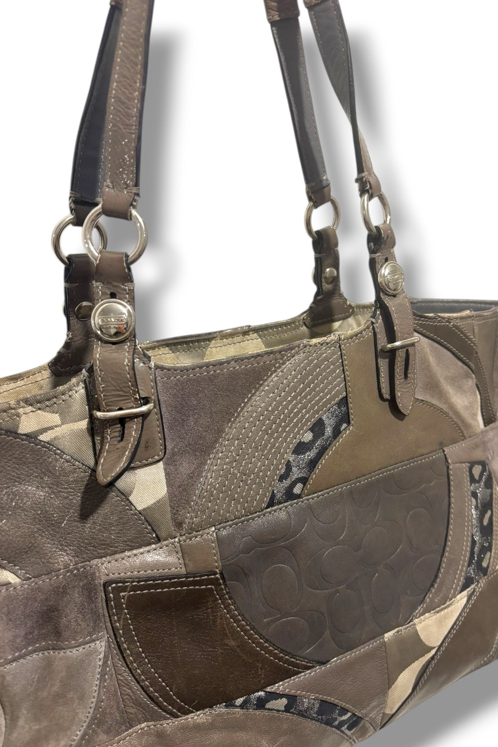 Coach Grey Patchwork Suede & Leather Leopard Print Sateen Tote Shoulder Bag