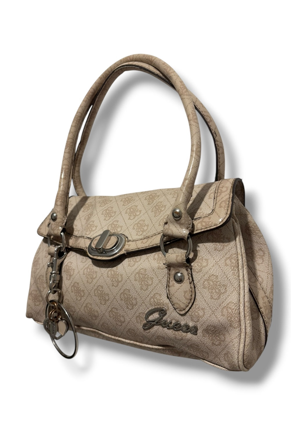 Guess Vintage Beige Leather PVC Signature Monogram Shoulder Bag