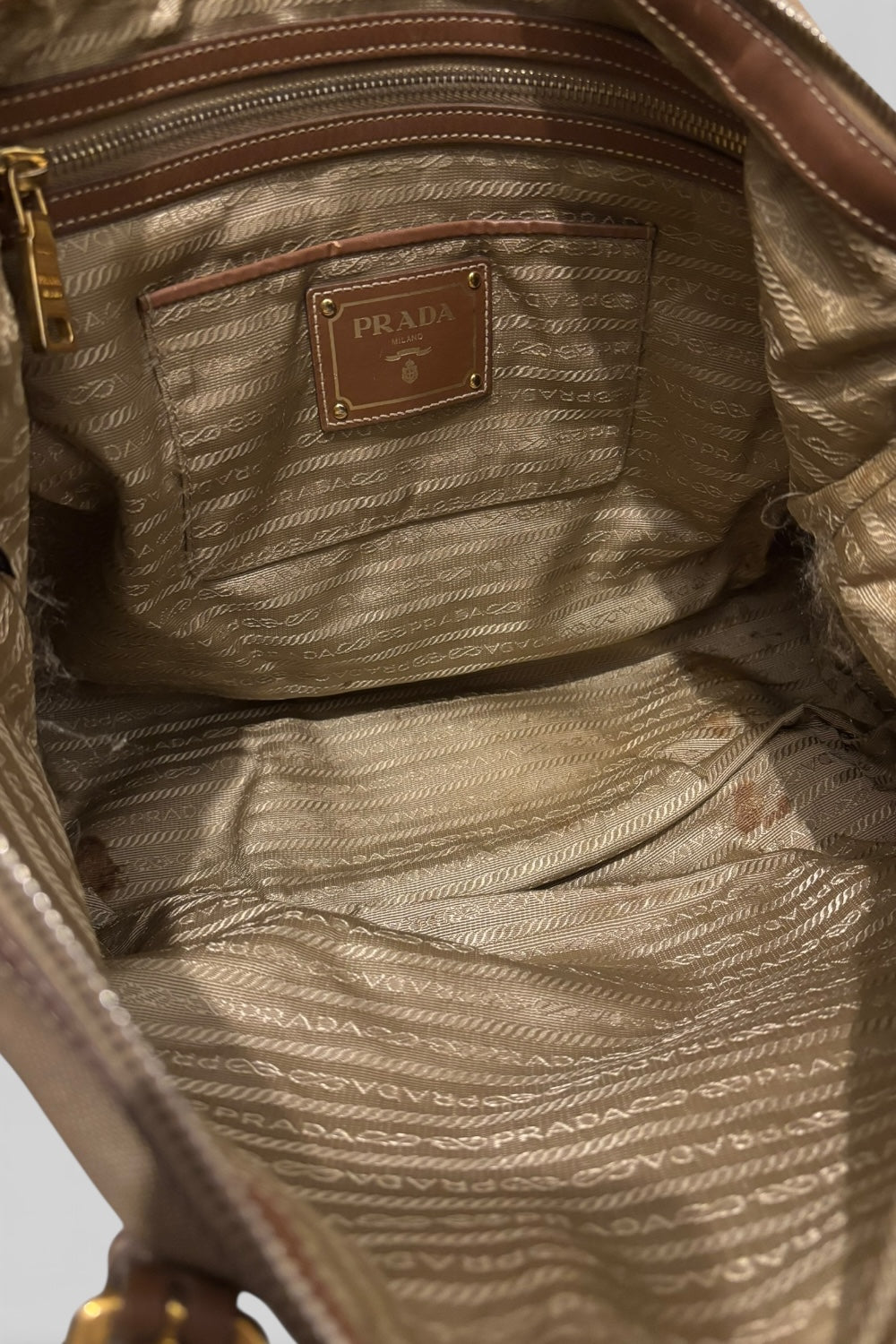 Prada Khaki / Beige / Brown Canvas & Leather Canapa Tote Shoulder Bag