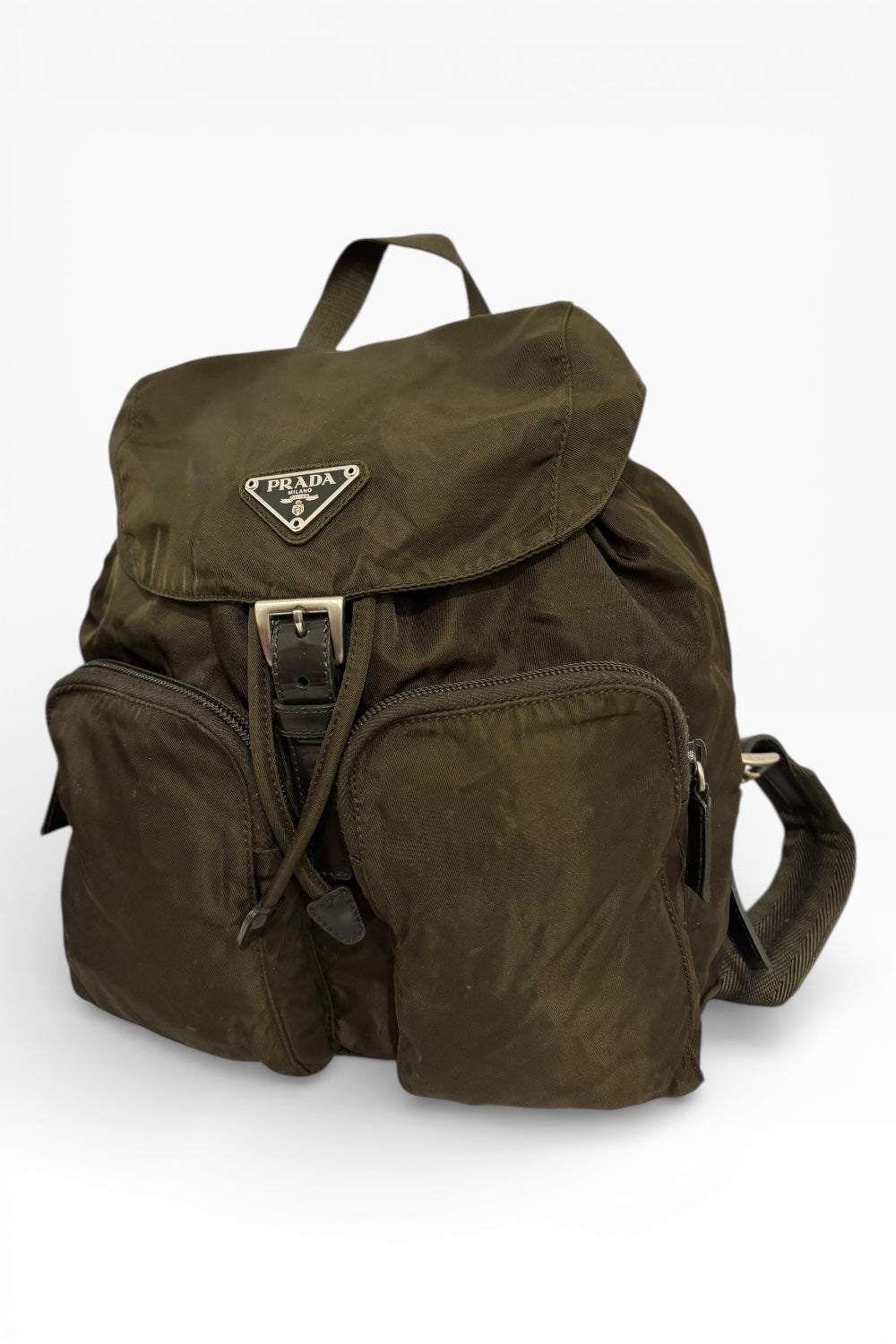 Prada Khaki Re-Nylon Medium Green & Saffiano Leather Trim Tessuto Backpack