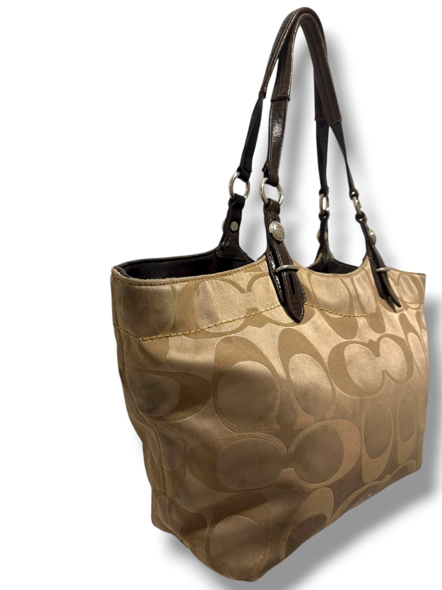 Coach Brown & Khaki Signature Canvas Satin & Patent Leather Vintage Shoulder Bag