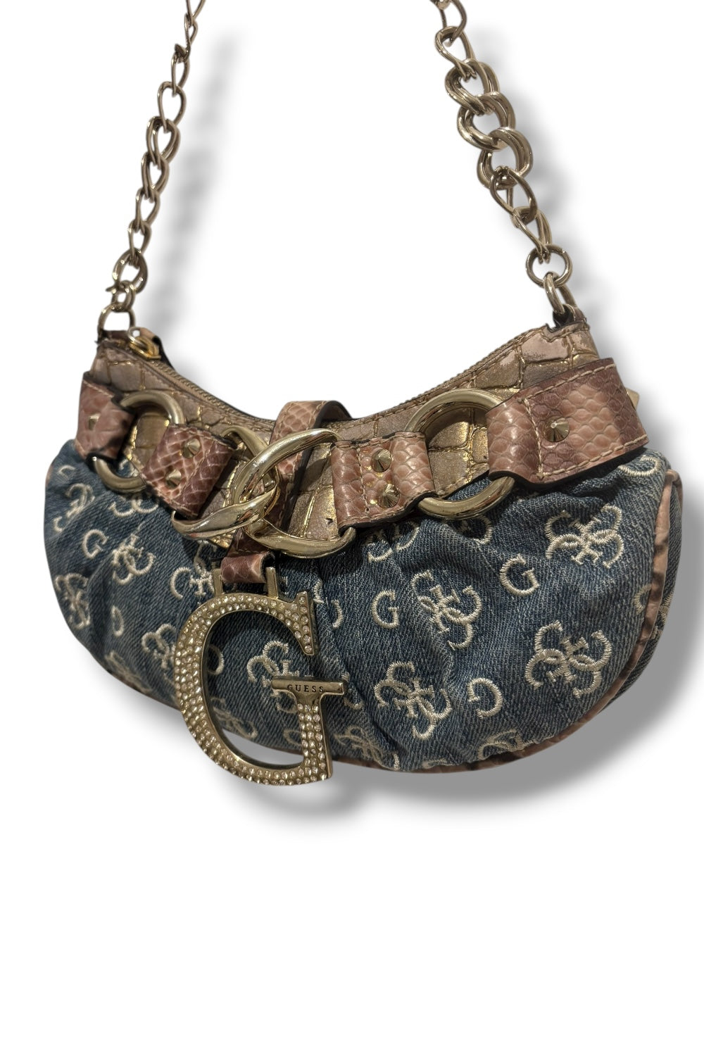 Guess Vintage Signature Denim Blue Jeans Croc Snake Leather PVC Shoulder Bag