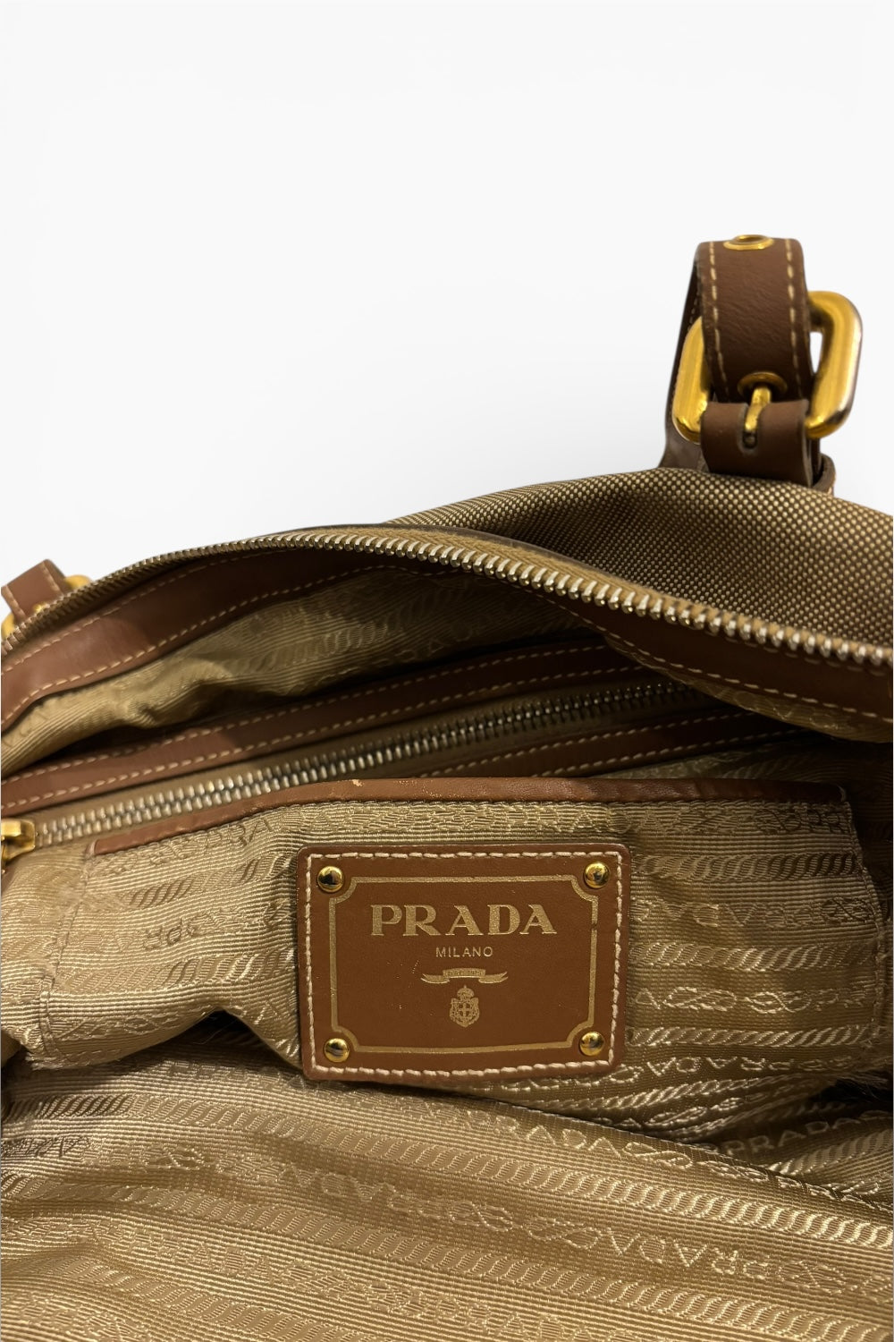 Prada Khaki / Beige / Brown Canvas & Leather Canapa Tote Shoulder Bag