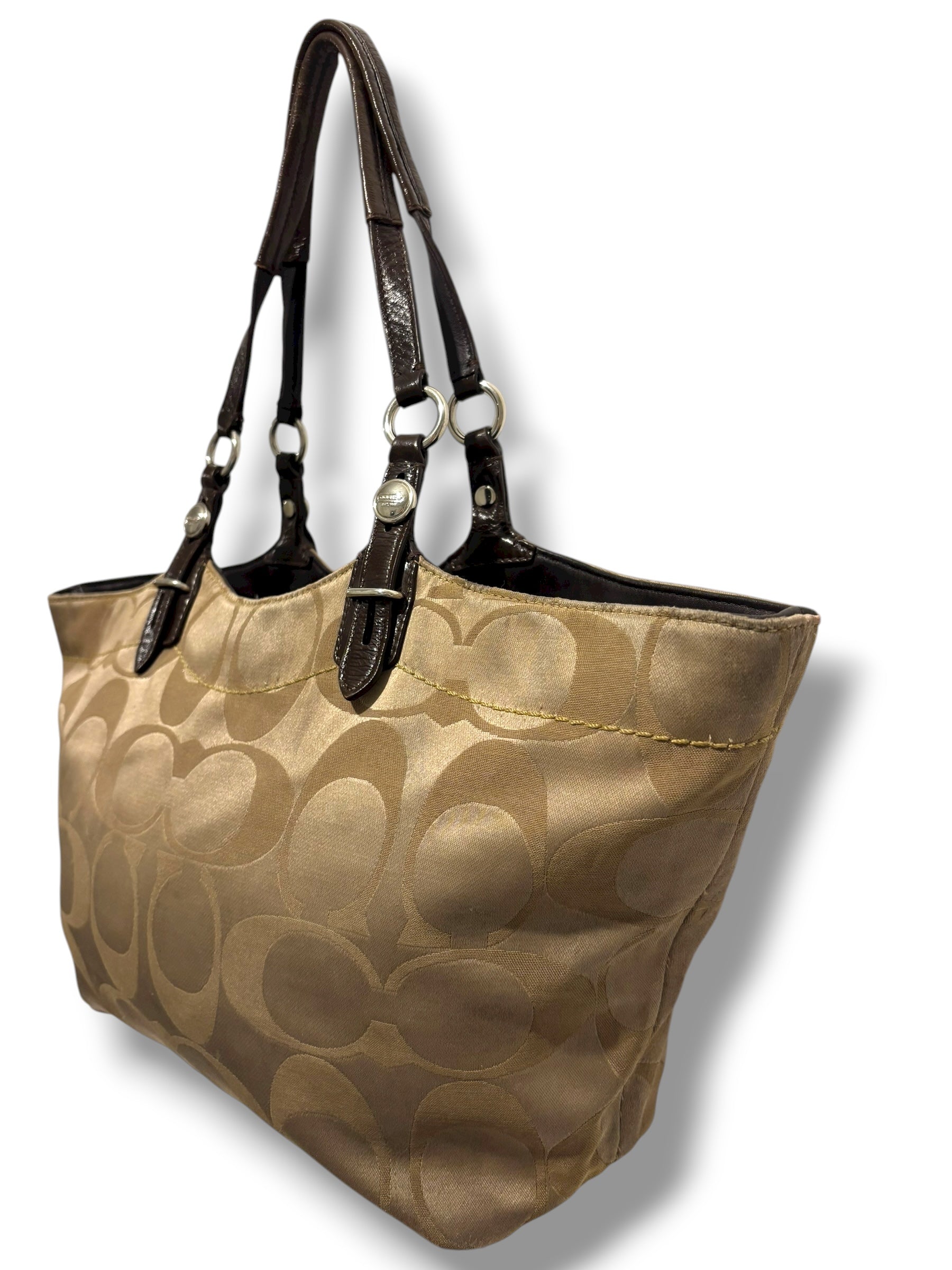 Coach Brown & Khaki Signature Canvas Satin & Patent Leather Vintage Shoulder Bag