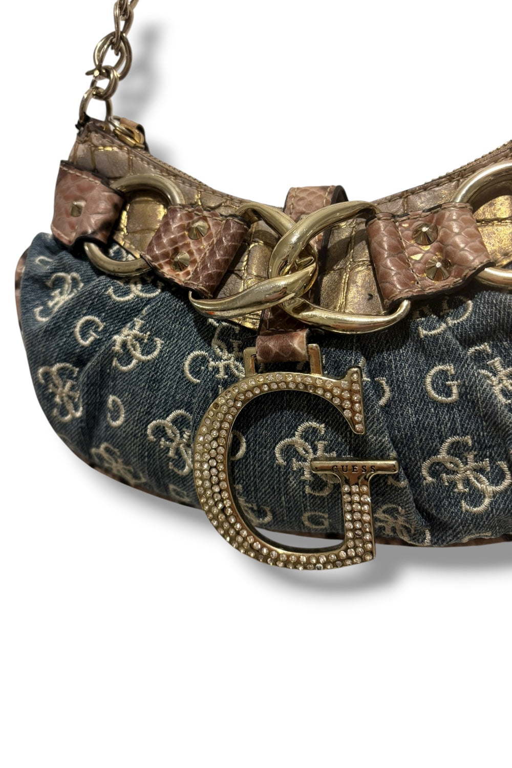 Guess Vintage Signature Denim Blue Jeans Croc Snake Leather PVC Shoulder Bag