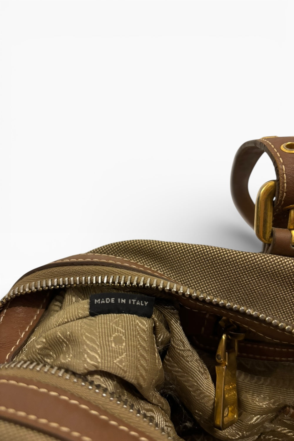 Prada Khaki / Beige / Brown Canvas & Leather Canapa Tote Shoulder Bag