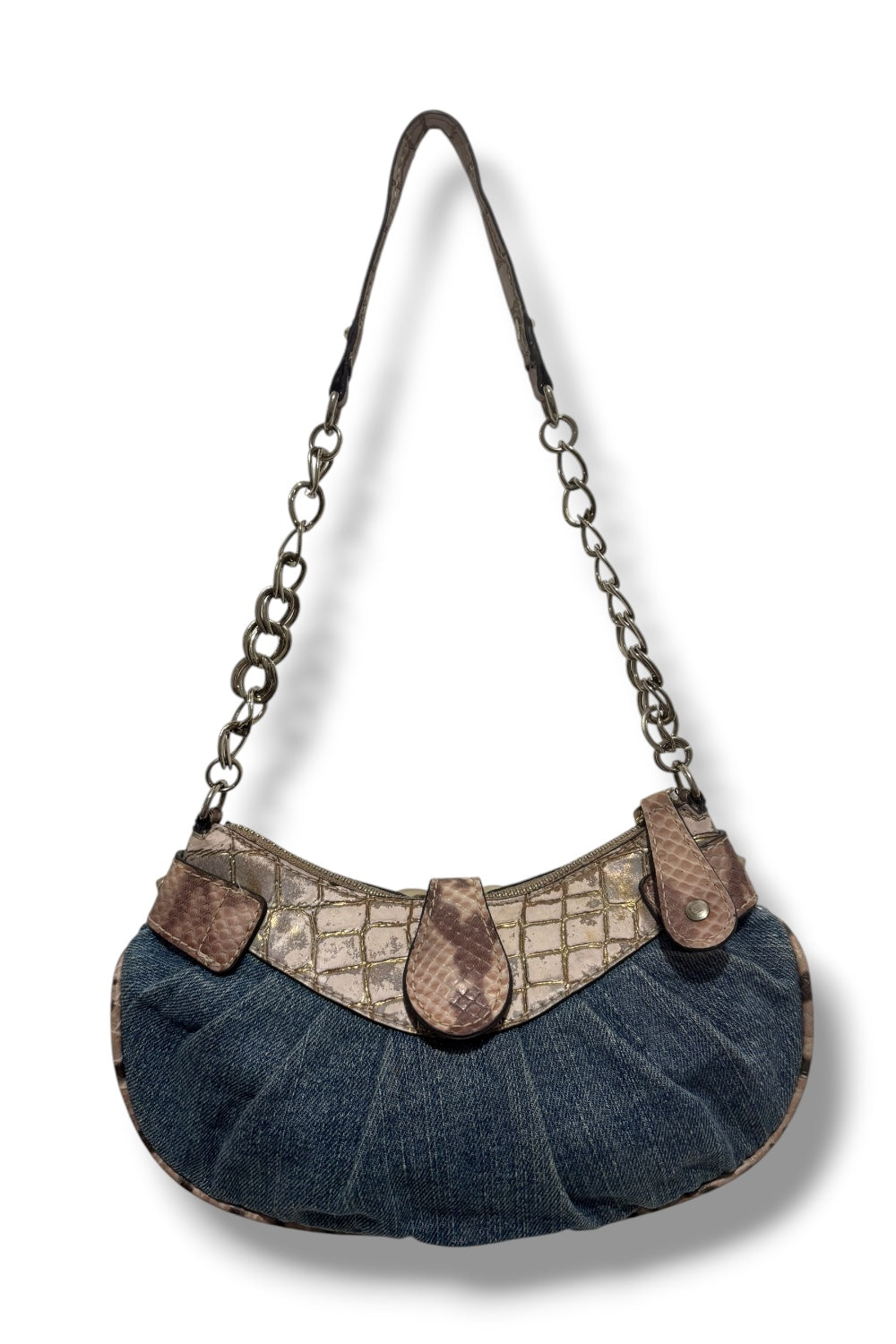 Guess Vintage Signature Denim Blue Jeans Croc Snake Leather PVC Shoulder Bag