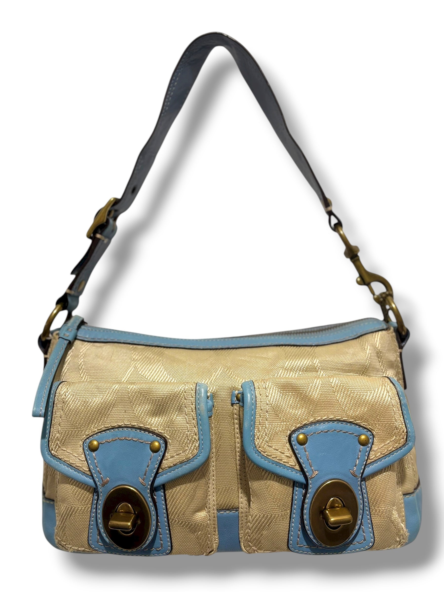 Coach Rare Brown Cream & Blue Turn lock Legacy Signature Vintage Shoulder Bag
