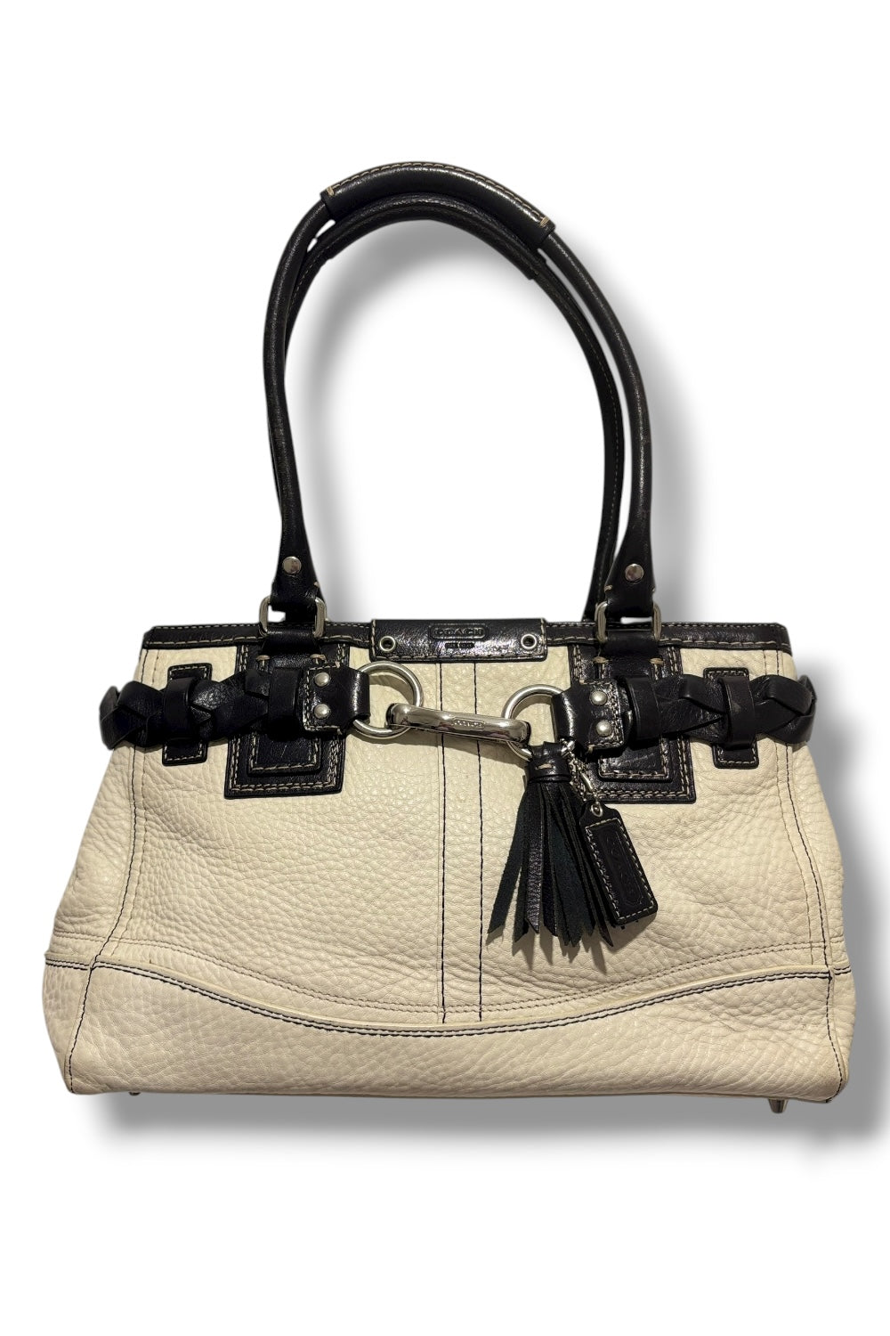 Coach Soft Pebbled Leather White & Black Braided Hampton Shoulder Bag