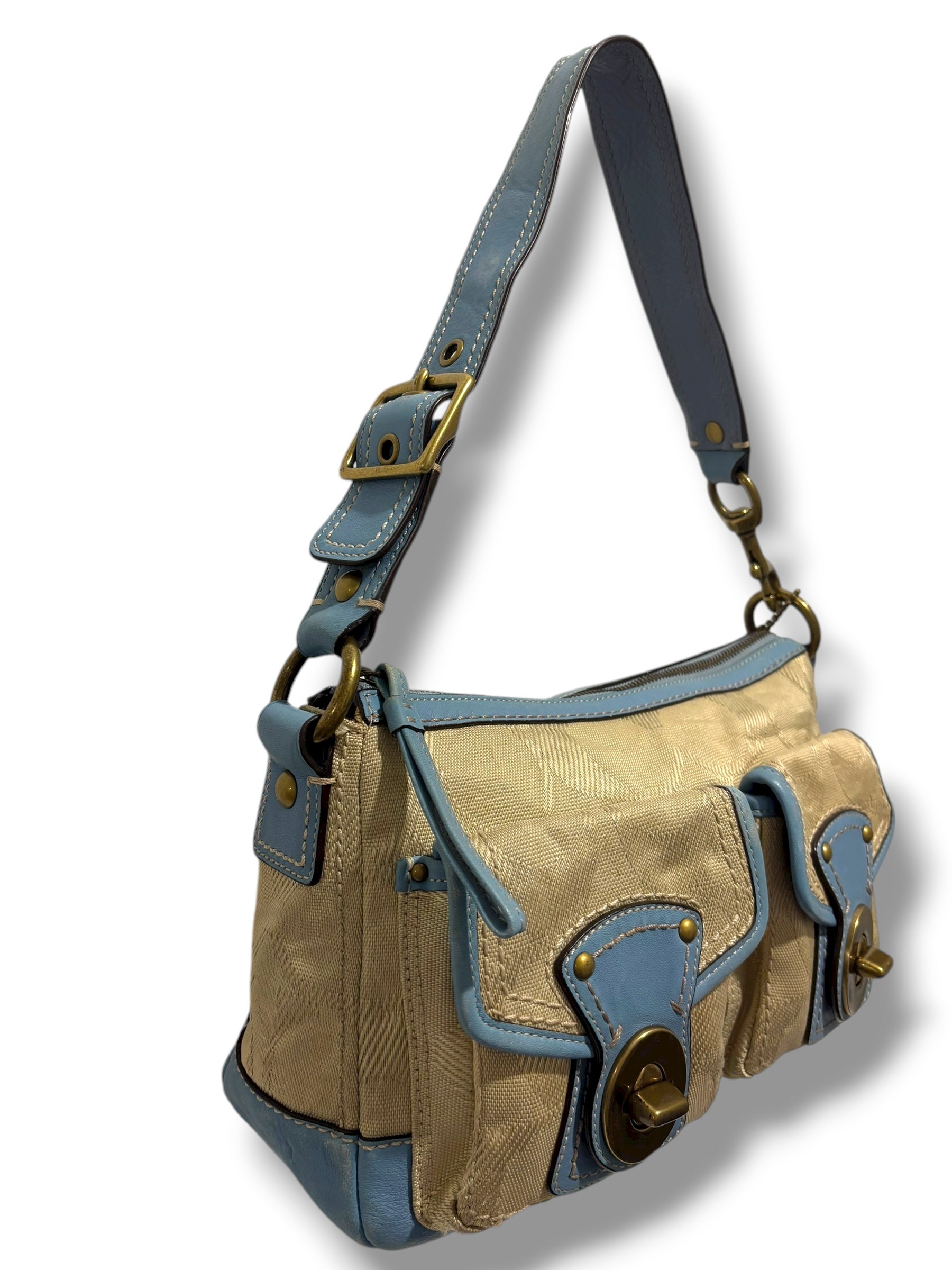 Coach Rare Brown Cream & Blue Turn lock Legacy Signature Vintage Shoulder Bag