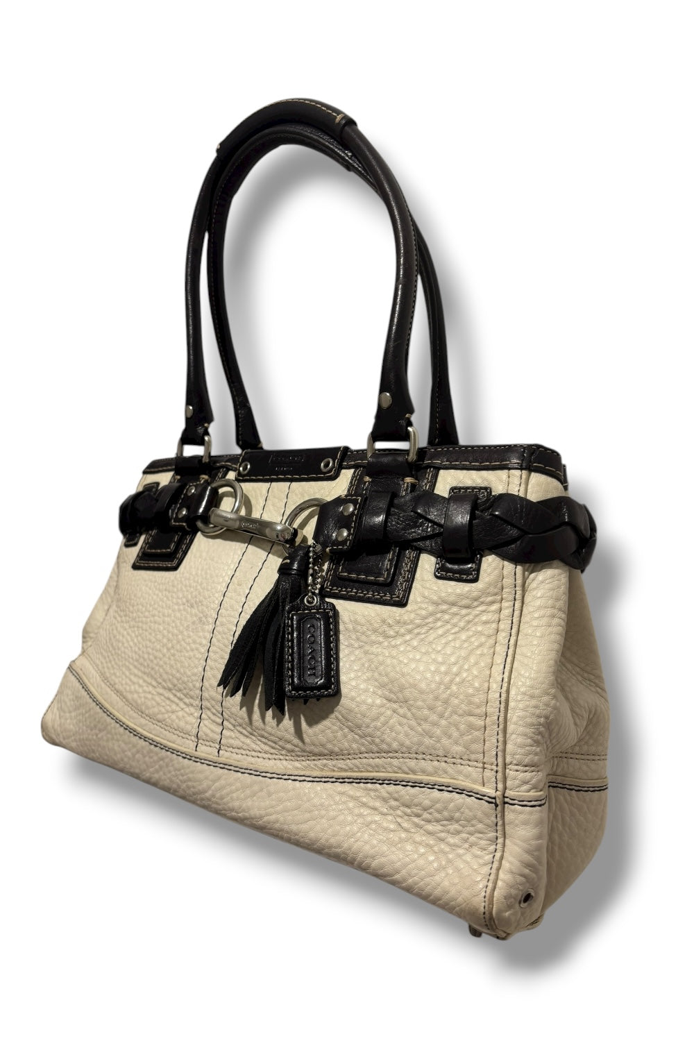 Coach Soft Pebbled Leather White & Black Braided Hampton Shoulder Bag