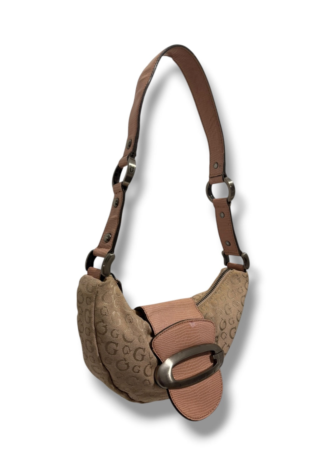 Guess Rare Vintage 90’s Brown Beige & Pink Canvas & Leather PVC Hobo Shoulder Bag
