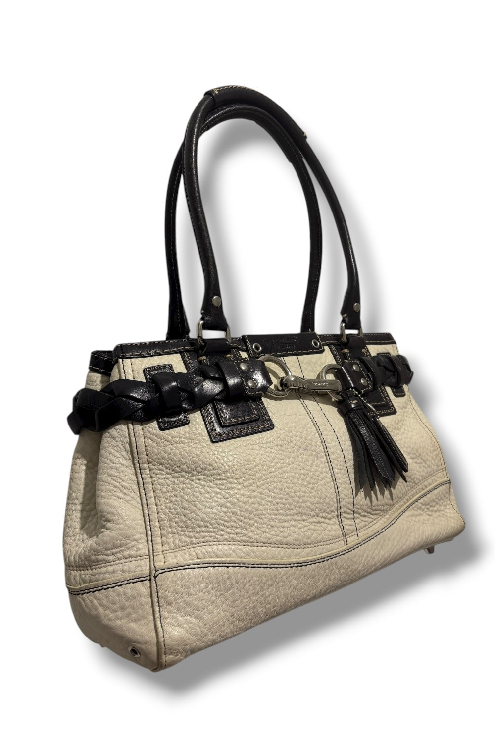 Coach Soft Pebbled Leather White & Black Braided Hampton Shoulder Bag