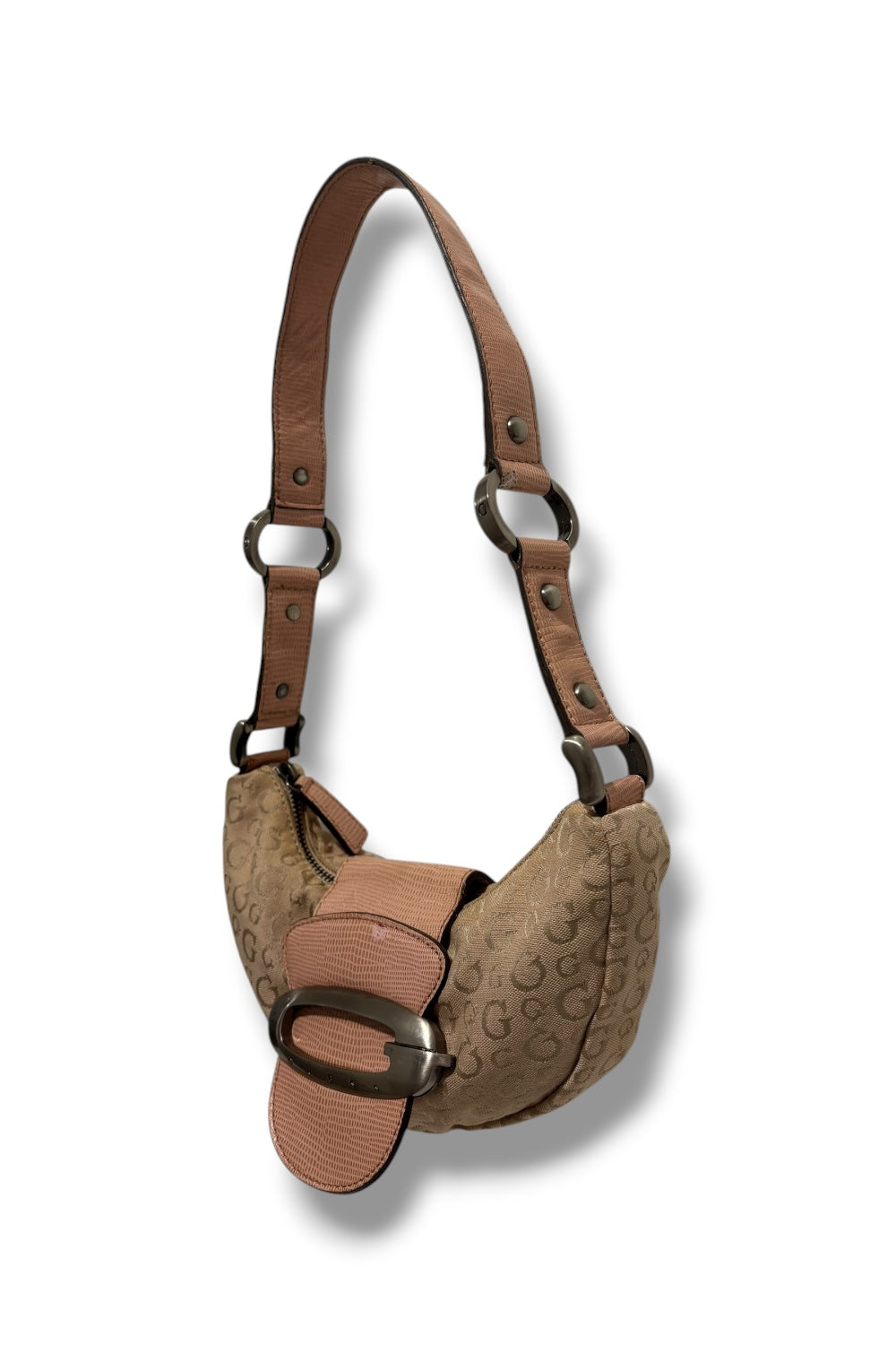 Guess Rare Vintage 90’s Brown Beige & Pink Canvas & Leather PVC Hobo Shoulder Bag