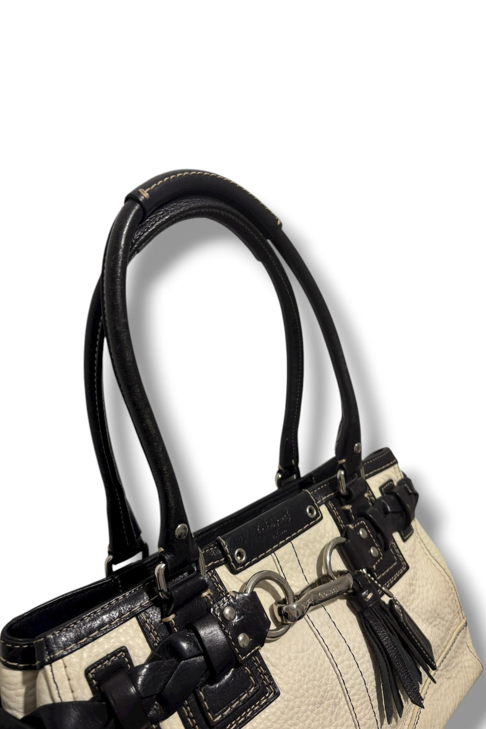Coach Soft Pebbled Leather White & Black Braided Hampton Shoulder Bag
