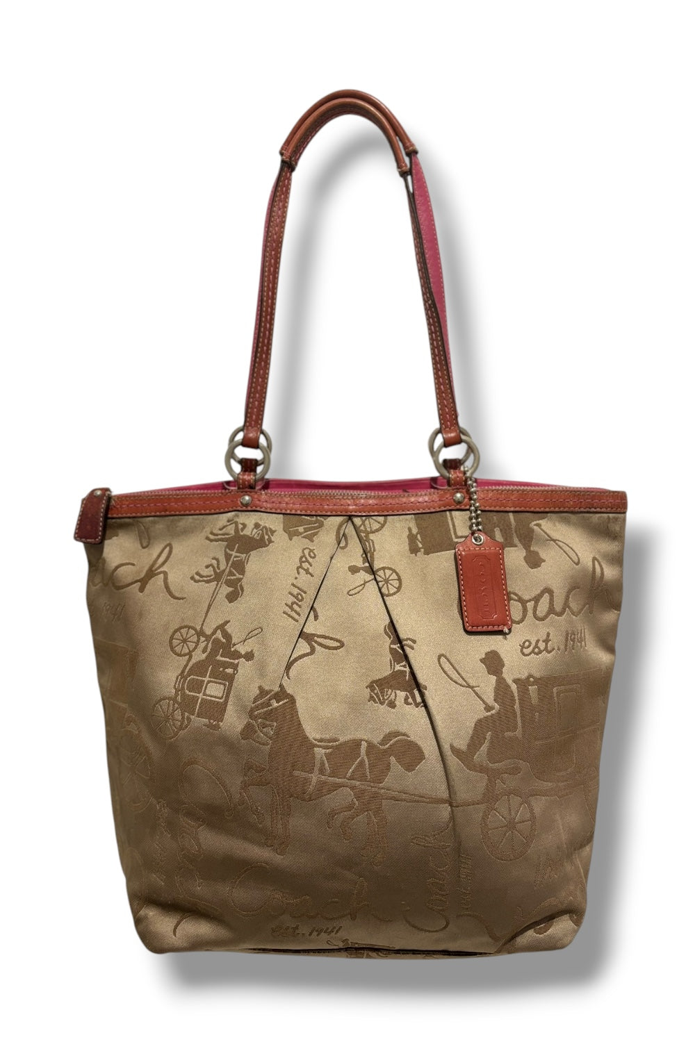 Coach Tote Brown / Beige & Pink Sateen Canvas & Leather Signature Shoulder Bag