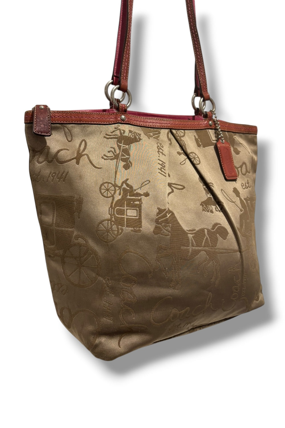 Coach Tote Brown / Beige & Pink Sateen Canvas & Leather Signature Shoulder Bag