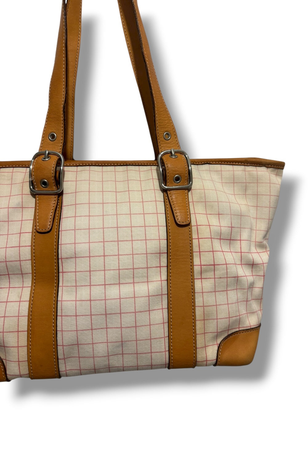 Coach Vintage Hampton Brown Leather & White Plaid Tote Shoulder Bag