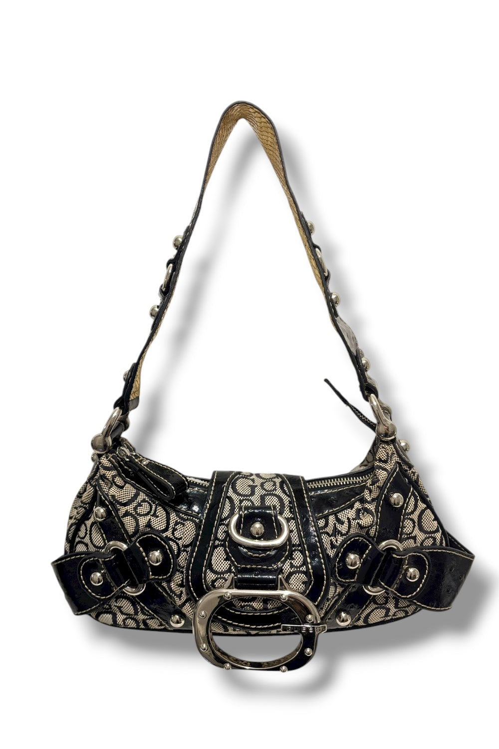 Guess Rare 2000's Signature Black & Grey Studded Canvas Leather PVC shoulder Bag