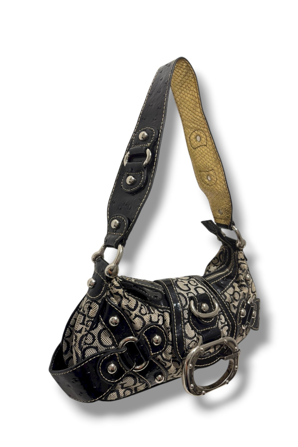 Guess Rare 2000's Signature Black & Grey Studded Canvas Leather PVC shoulder Bag