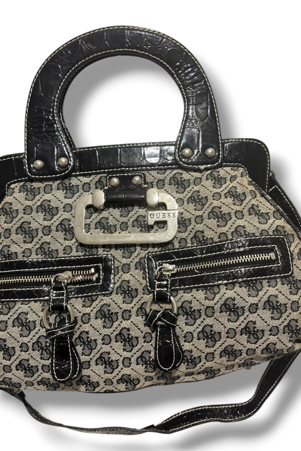 Guess Vintage Black & Grey Canvas & Leather PVC Croc Signature Shoulder Bag