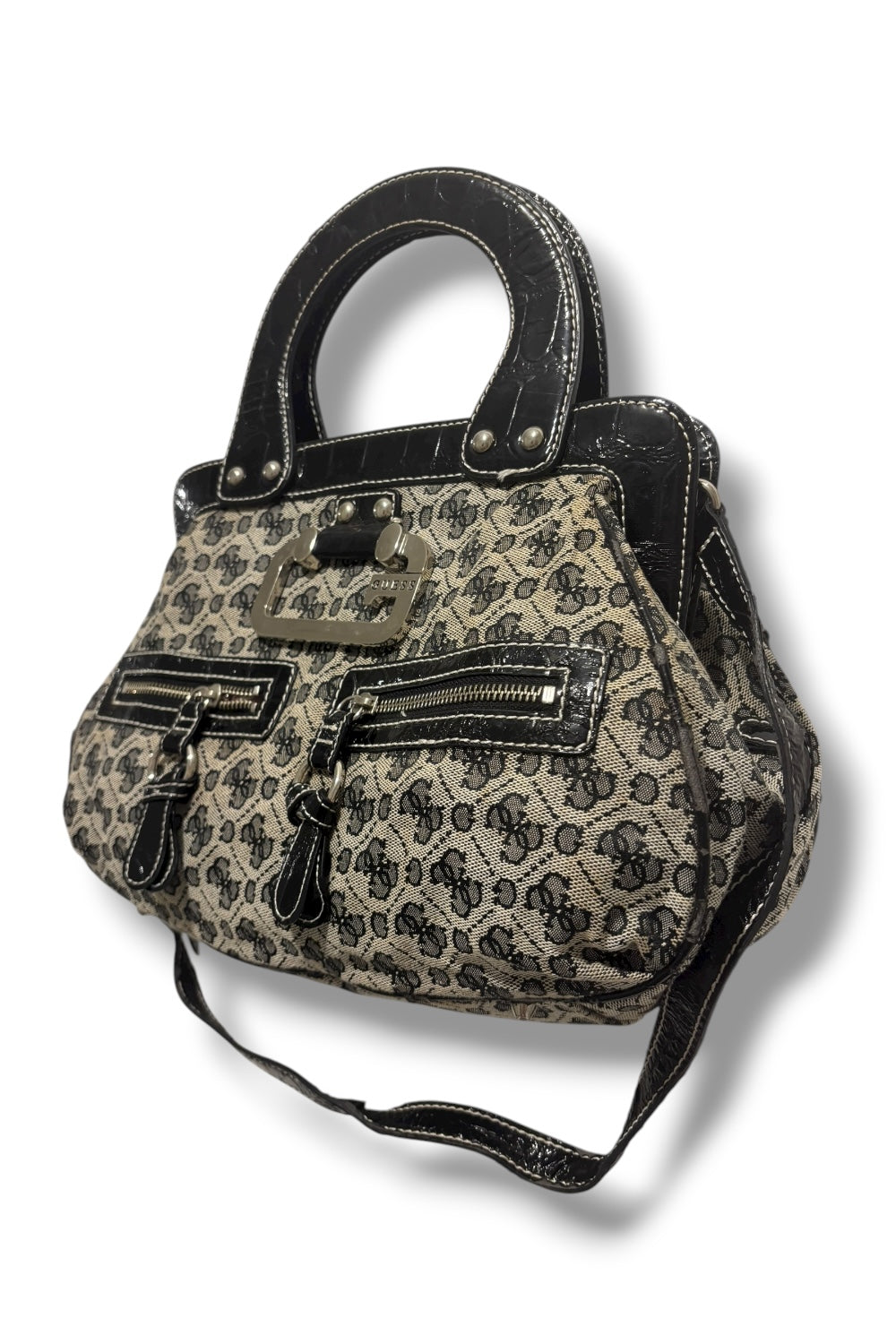 Guess Vintage Black & Grey Canvas & Leather PVC Croc Signature Shoulder Bag