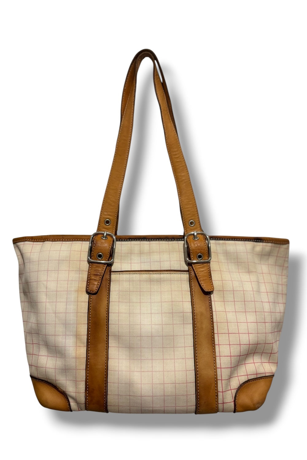 Coach Vintage Hampton Brown Leather & White Plaid Tote Shoulder Bag