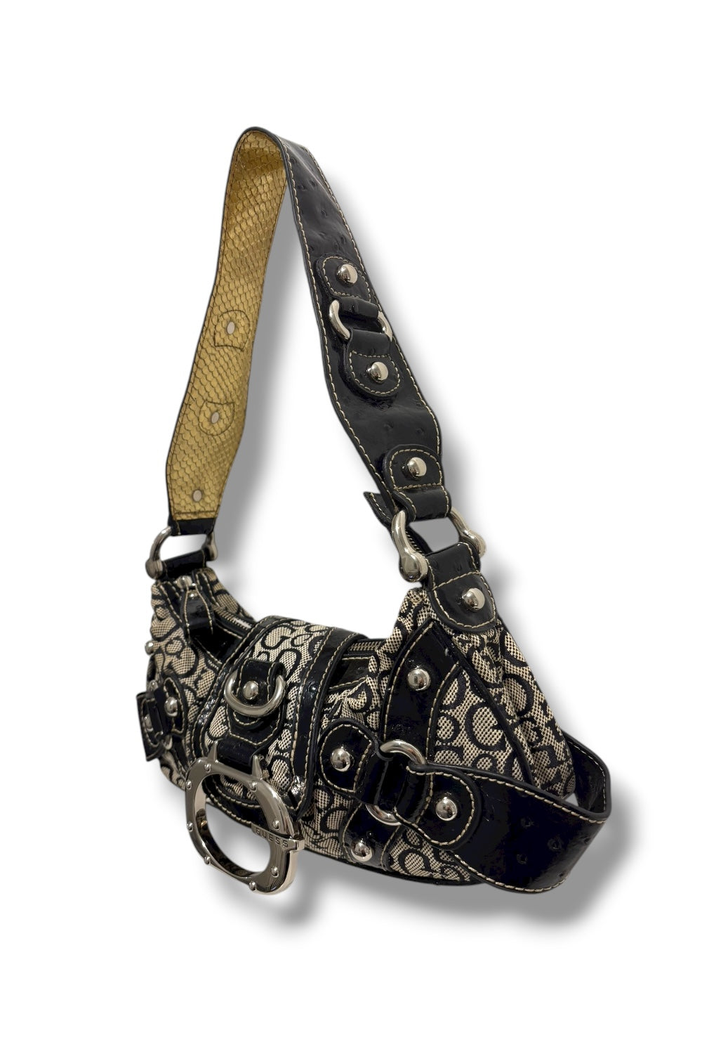 Guess Rare 2000's Signature Black & Grey Studded Canvas Leather PVC shoulder Bag