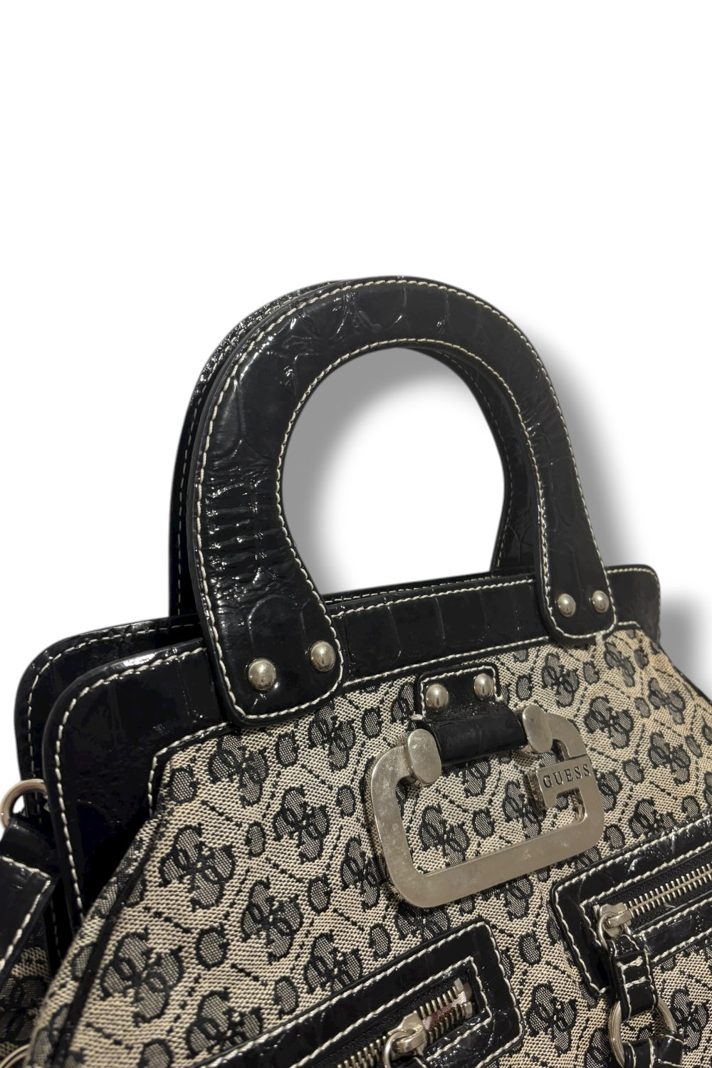 Guess Vintage Black & Grey Canvas & Leather PVC Croc Signature Shoulder Bag