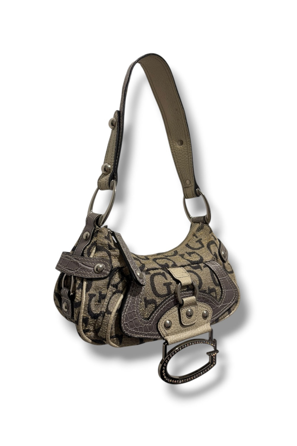 Guess Rare Grey Signature Monogram Crystal Charm Croc Leather Shoulder Bag