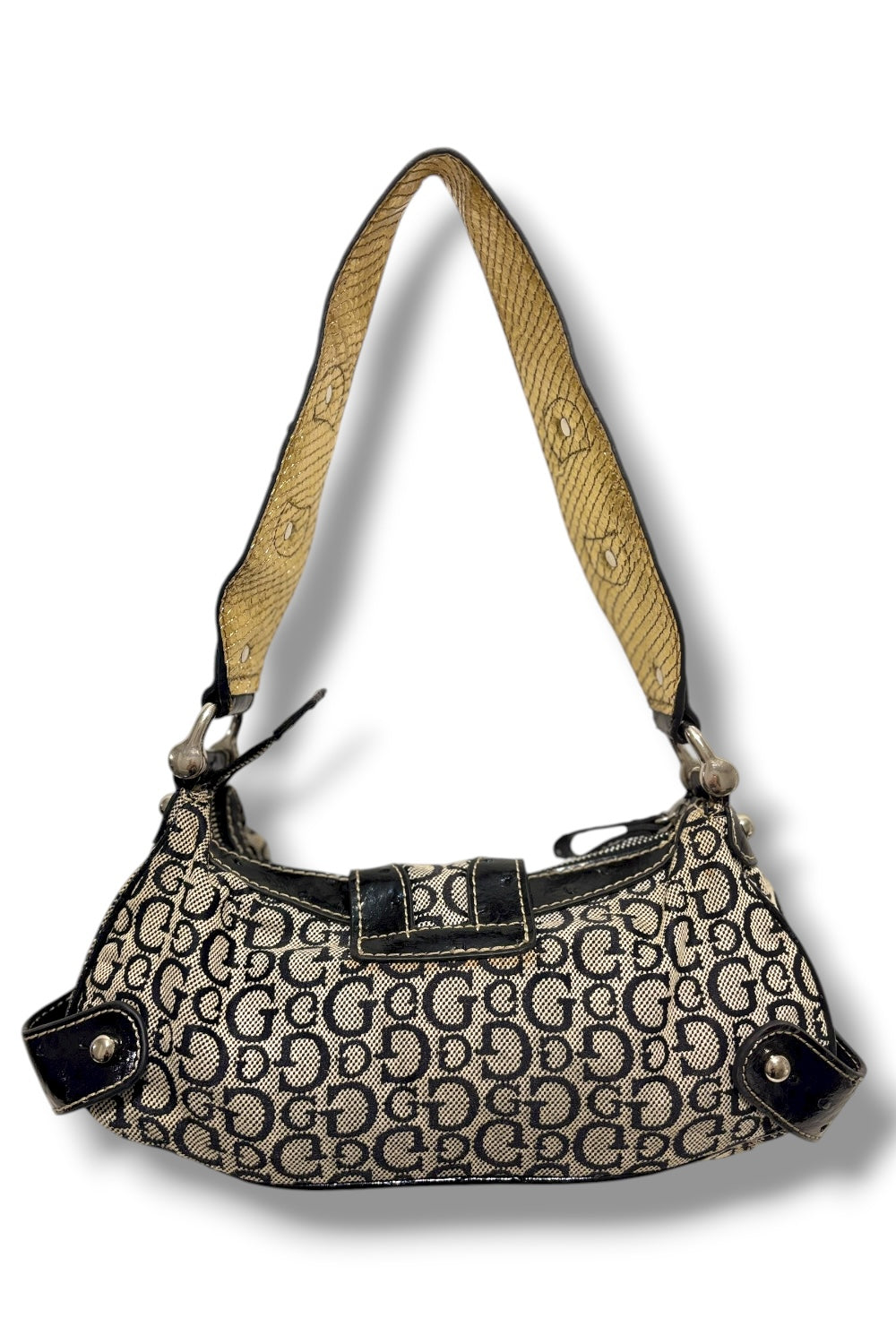 Guess Rare 2000's Signature Black & Grey Studded Canvas Leather PVC shoulder Bag