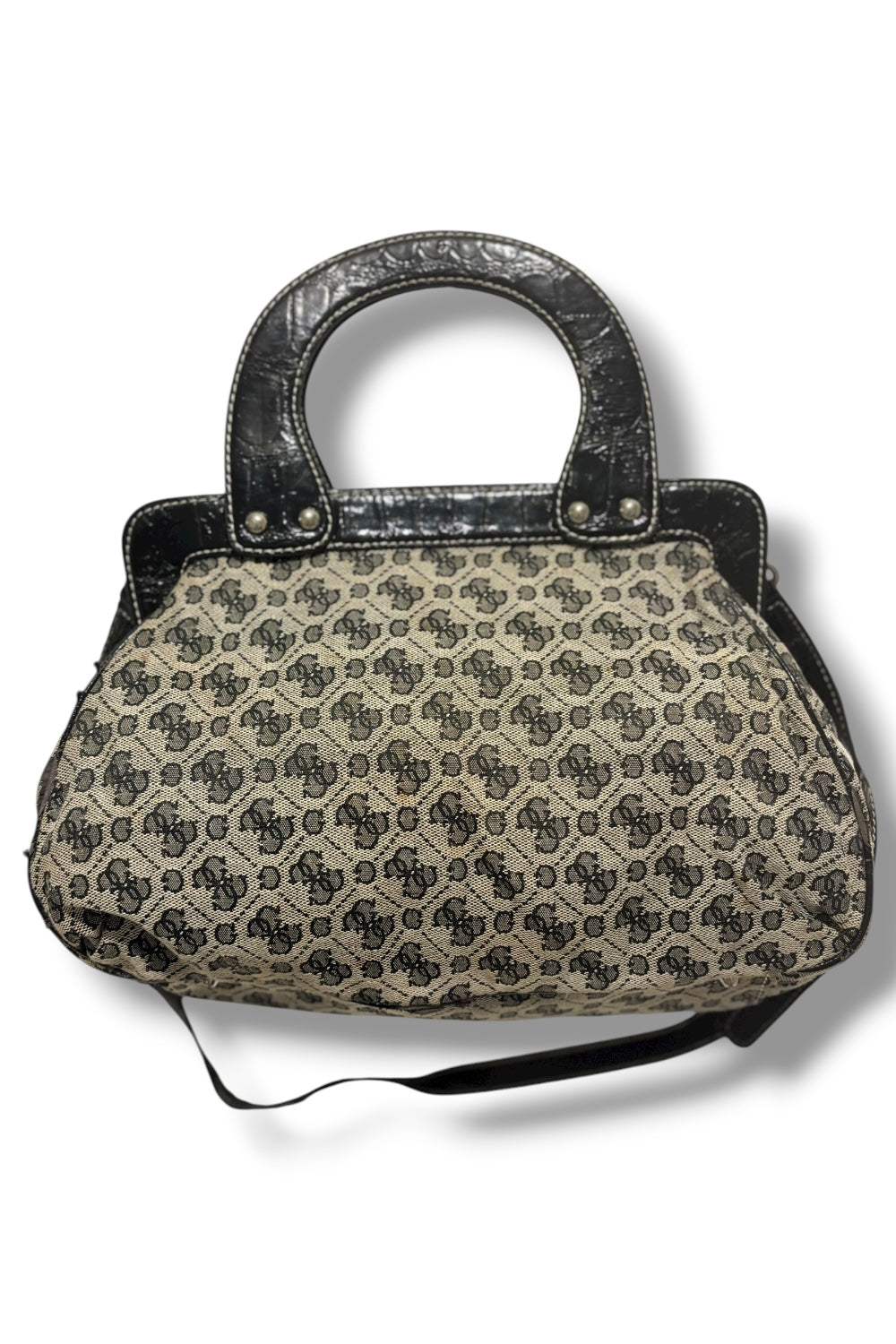 Guess Vintage Black & Grey Canvas & Leather PVC Croc Signature Shoulder Bag