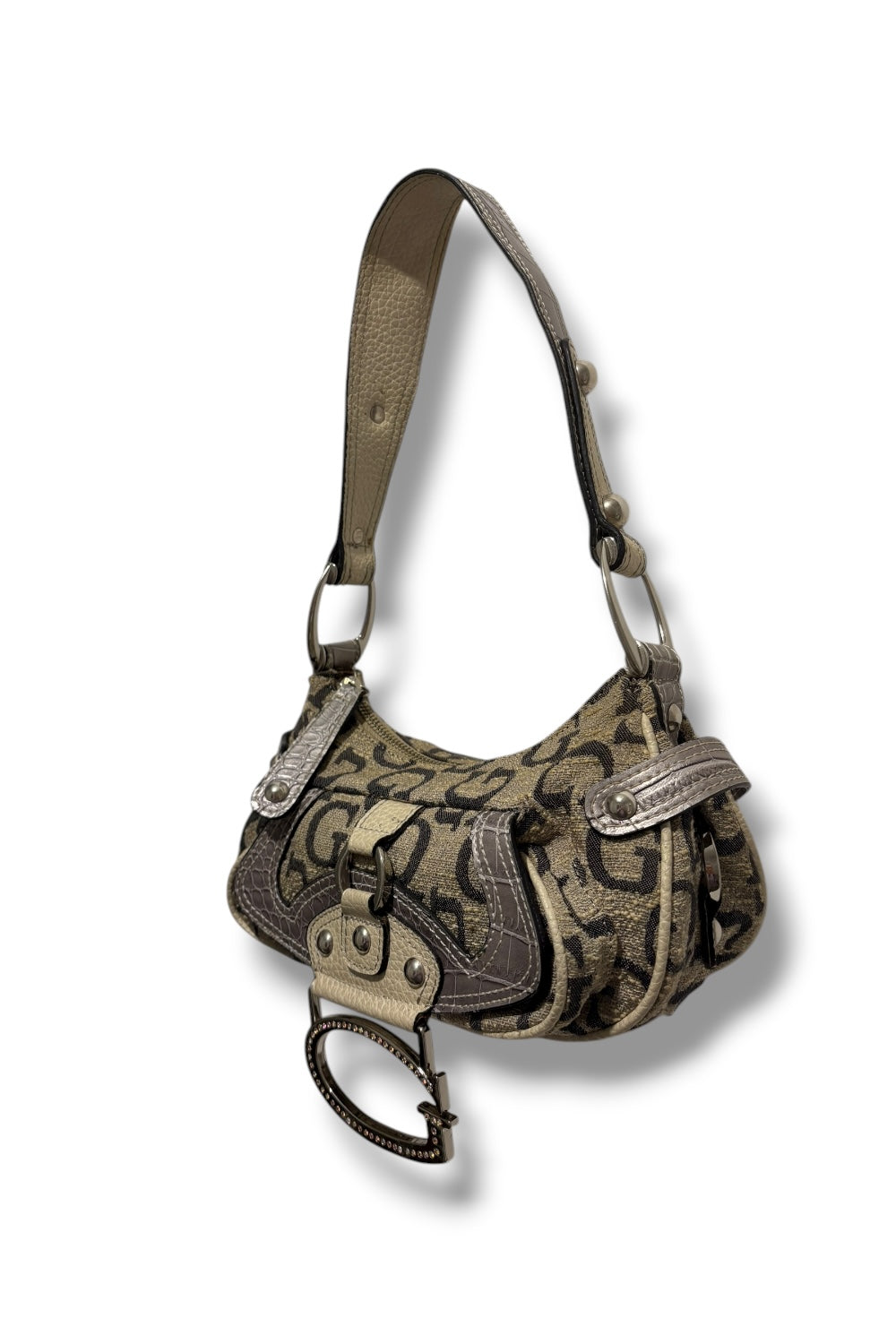 Guess Rare Grey Signature Monogram Crystal Charm Croc Leather Shoulder Bag