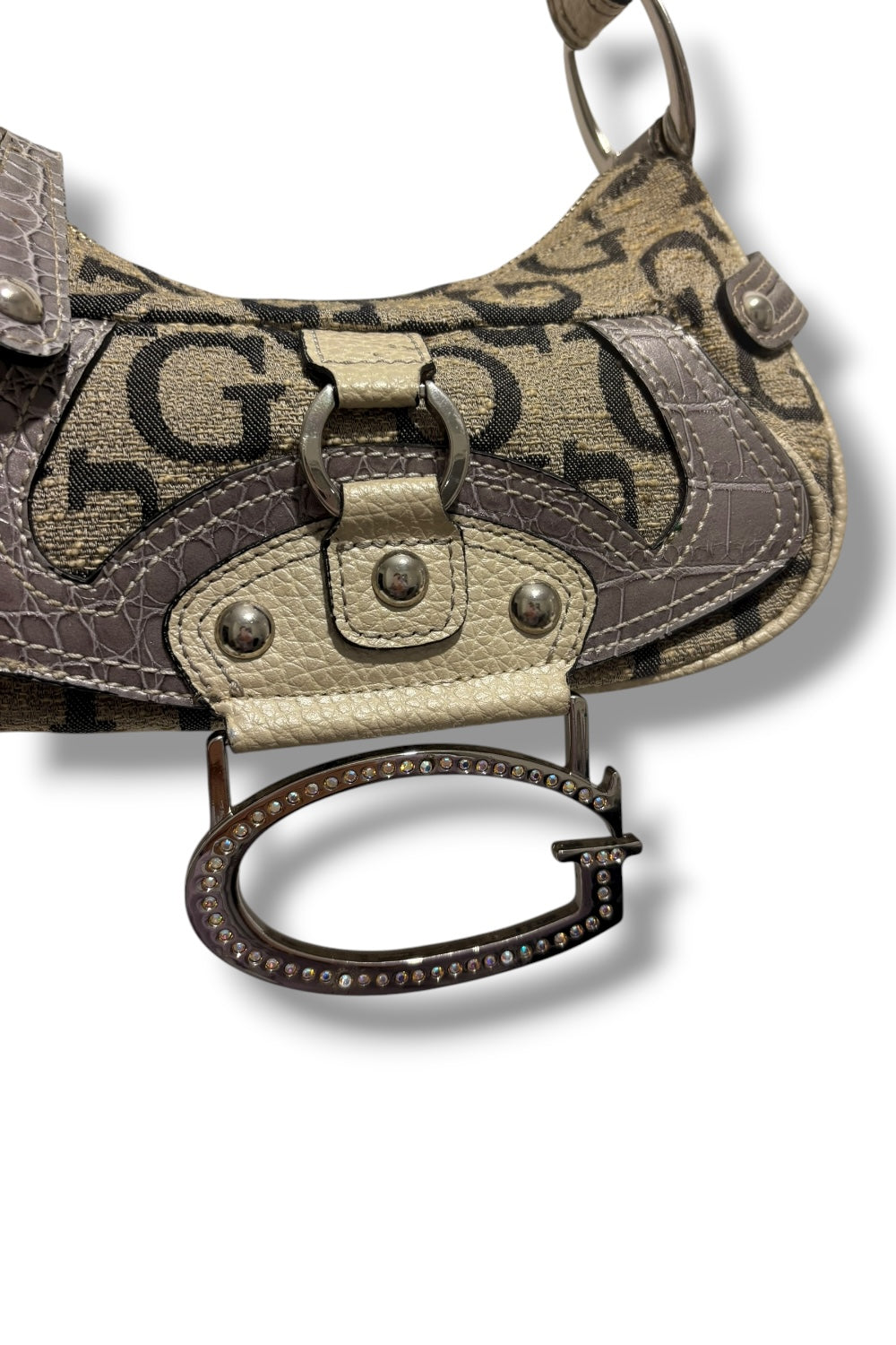 Guess Rare Grey Signature Monogram Crystal Charm Croc Leather Shoulder Bag