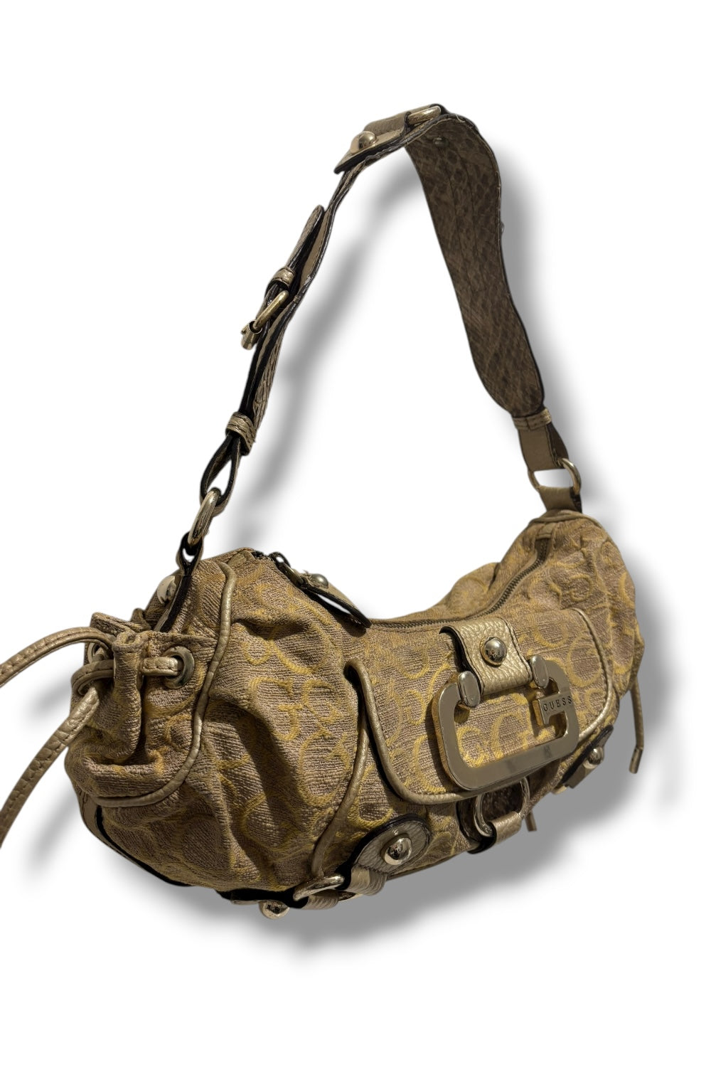 Guess Brown Khaki Signature Snake Print Monogram Baguette Shoulder Bag