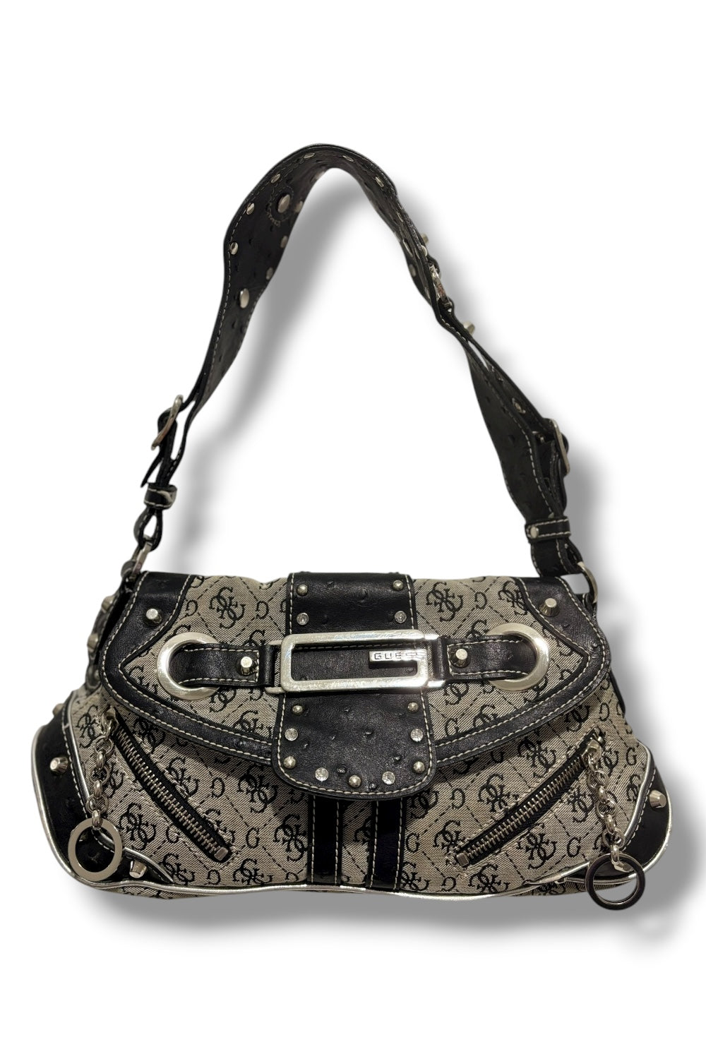Guess RARE Black & Grey Signature Monogram Studded Crystal Leather Shoulder Bag
