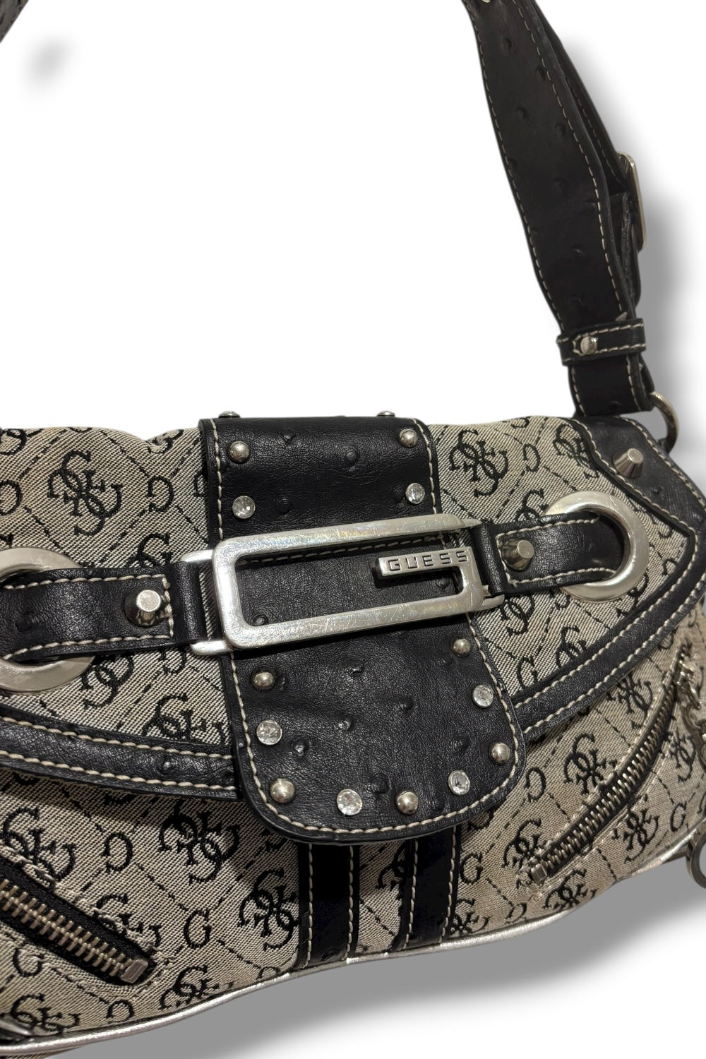 Guess RARE Black & Grey Signature Monogram Studded Crystal Leather Shoulder Bag