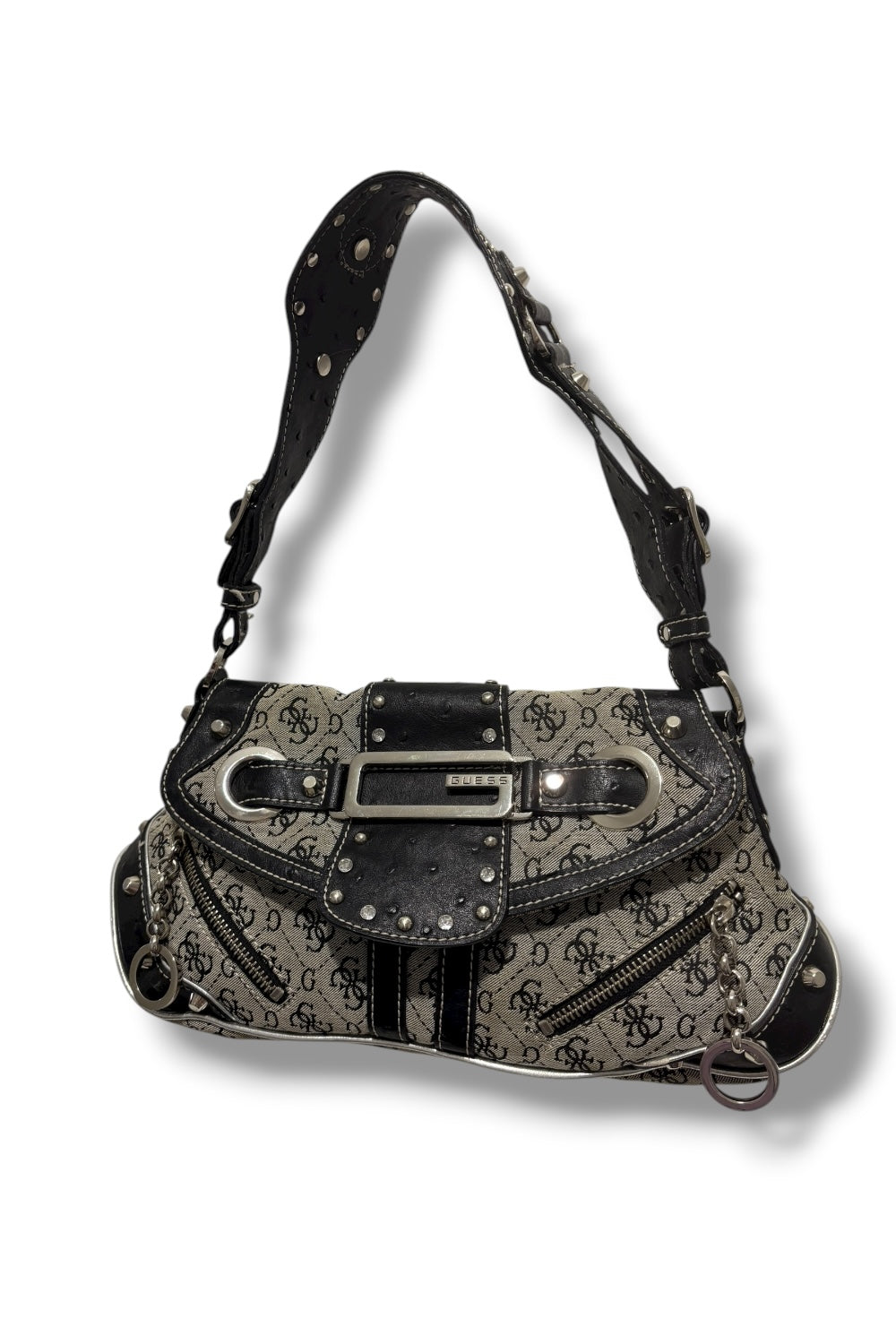 Guess RARE Black & Grey Signature Monogram Studded Crystal Leather Shoulder Bag
