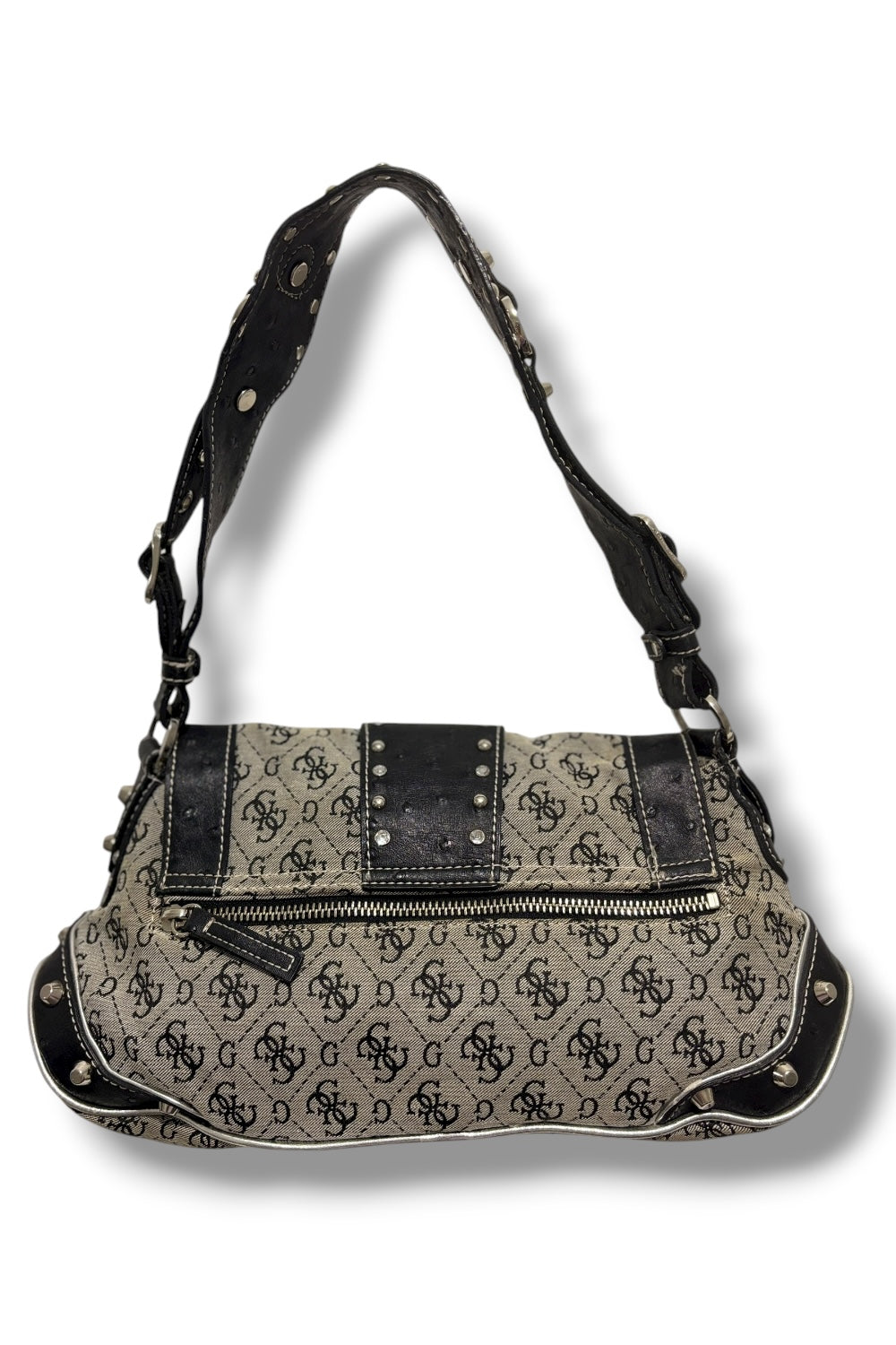Guess RARE Black & Grey Signature Monogram Studded Crystal Leather Shoulder Bag