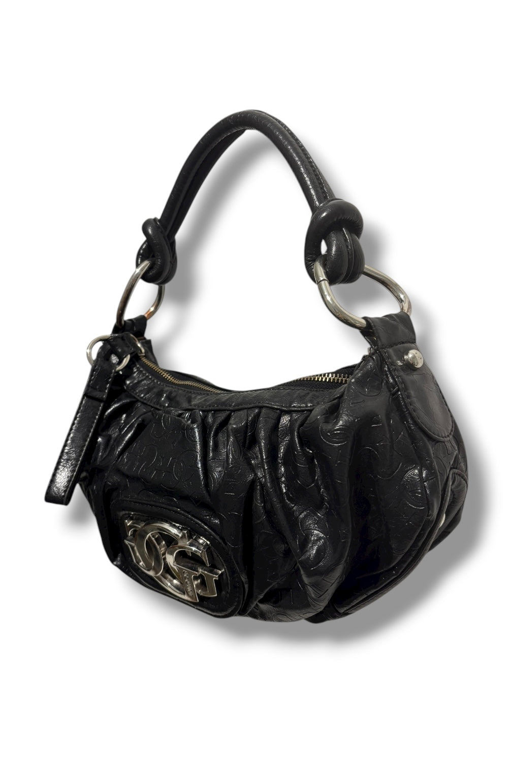 Guess Vintage Black Rare Ruched Vegan Leather Signature Shoulder Bag