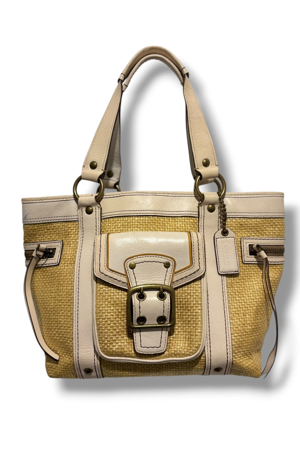 Coach Legacy White / Beige Straw Wicker & Leather Shoulder Bag